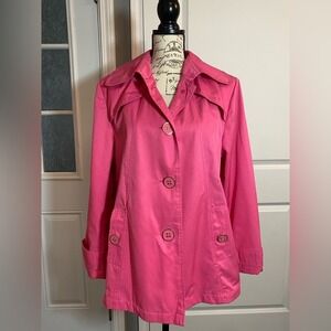 Worthington Bright Pink Button Up Trench Coat w/ Collar and Pockets Large/L I‎